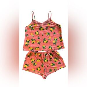 Lace-Trim Pink Lemon Cami & Short Pajama Set